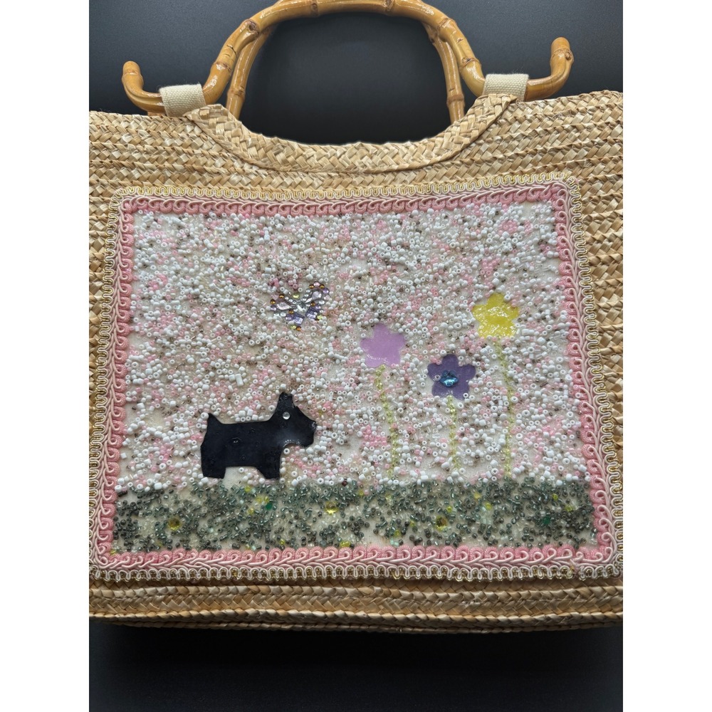 Cappelli Straworld Scottie‎ Dog Beaded Straw Tote Bag Bamboo Handle Tan Pink - Picture 2 of 10